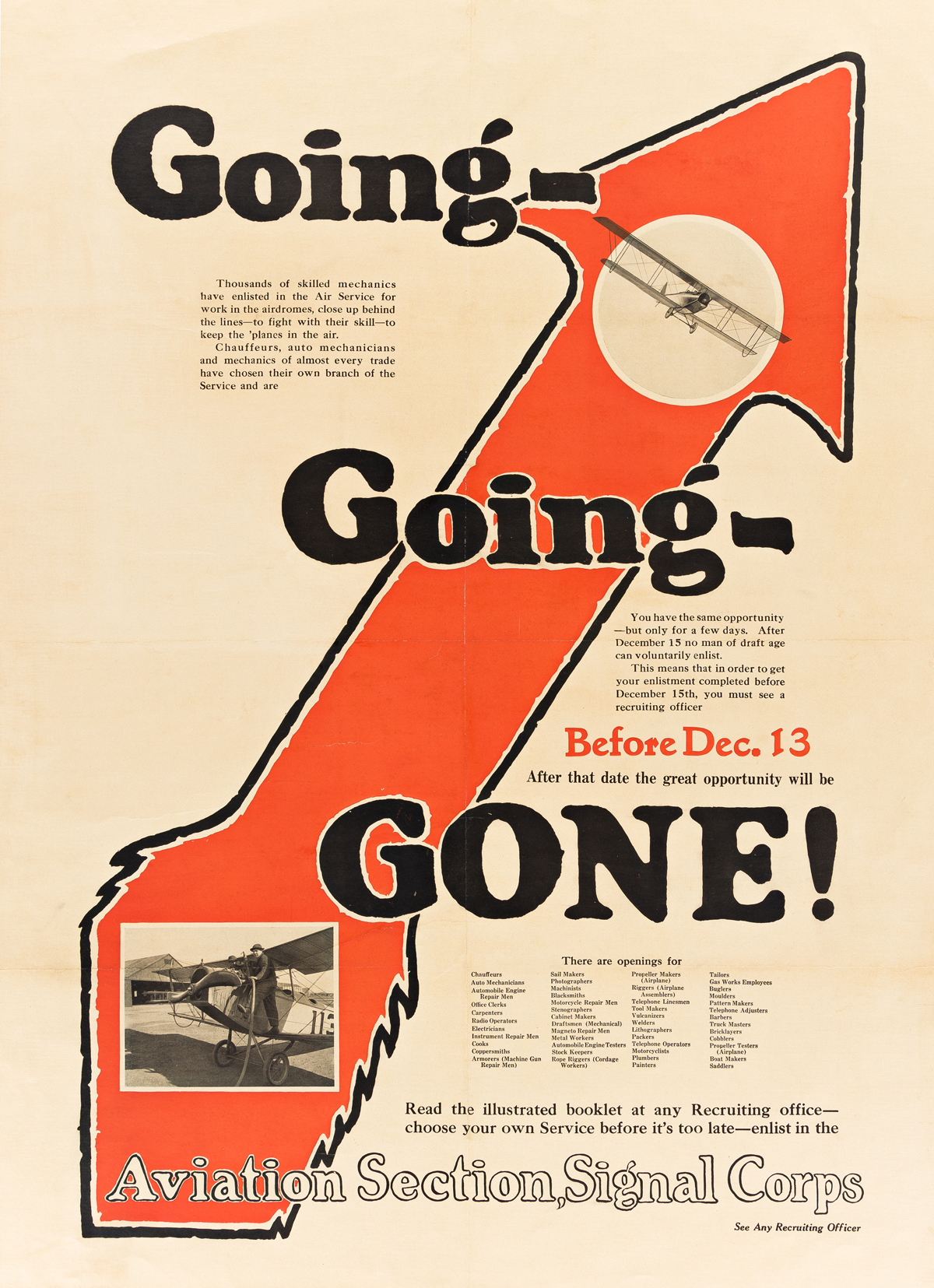 DESIGNER UNKNOWN.  GOING - GOING - GONE! / AVIATION SECTION, SIGNAL CORPS. Circa 1917. 42¼x30½ inches, 107¼x77½ cm.